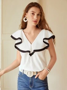 MOTF PREMIUM CONTRAST RUFFLE BLOUSE - Black and White - View 5