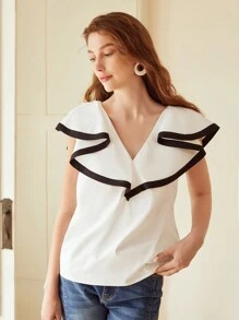 MOTF PREMIUM CONTRAST RUFFLE BLOUSE - Black and White - View 6