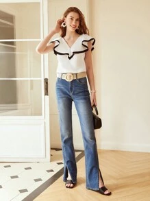 MOTF PREMIUM CONTRAST RUFFLE BLOUSE - Black and White - View 7