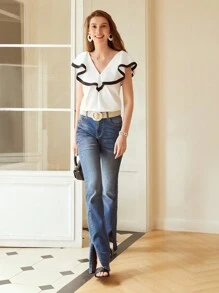 MOTF PREMIUM CONTRAST RUFFLE BLOUSE - Black and White - View 8