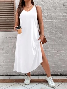 Calvaya Women's Plus Size Solid Color Split Hem Sleeveless Tank Dress - White - View 3