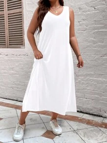 Calvaya Women's Plus Size Solid Color Split Hem Sleeveless Tank Dress - White - View 4