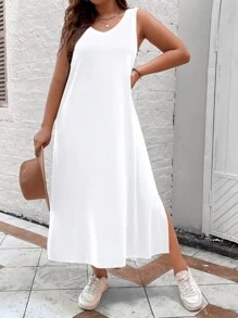 Calvaya Women's Plus Size Solid Color Split Hem Sleeveless Tank Dress - White - View 5