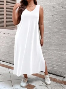 Calvaya Women's Plus Size Solid Color Split Hem Sleeveless Tank Dress - White - View 6