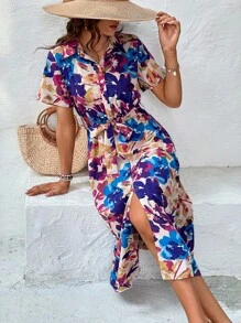 SHEIN LUNE Đầm Nút phía trước Hoa Tất cả trên in Boho - Nhiều màu - Xem 1