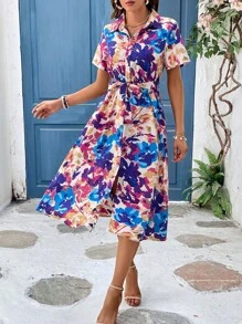 SHEIN LUNE Đầm Nút phía trước Hoa Tất cả trên in Boho - Nhiều màu - Xem 4