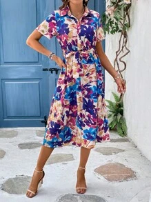 SHEIN LUNE Đầm Nút phía trước Hoa Tất cả trên in Boho - Nhiều màu - Xem 5