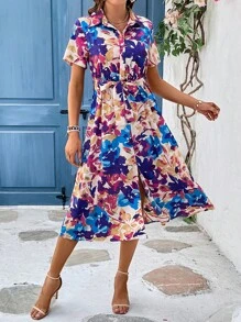 SHEIN LUNE Đầm Nút phía trước Hoa Tất cả trên in Boho - Nhiều màu - Xem 6