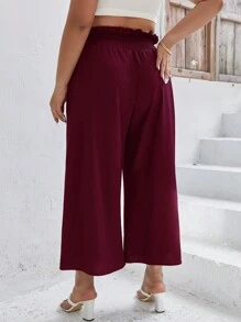 Calvaya Quần Plus Size viền lá sen Dải chun Quần paper-bag màu trơn Giải trí - Màu Đỏ Sâu - Xem 2