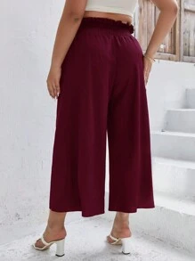 Calvaya Quần Plus Size viền lá sen Dải chun Quần paper-bag màu trơn Giải trí - Màu Đỏ Sâu - Xem 4