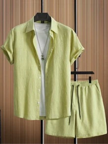 Manfinity Homme Men Solid Button Up Shirt & Drawstring Waist Shorts - Mint Green - View 6