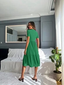 EURMUSE Solid Ruffle Hem A-line Dress - Green - View 3