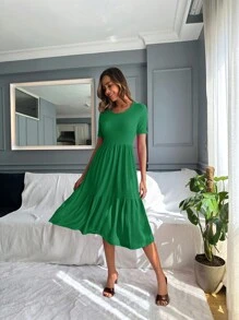 EURMUSE Solid Ruffle Hem A-line Dress - Green - View 4