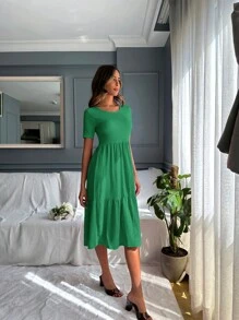 EURMUSE Solid Ruffle Hem A-line Dress - Green - View 5