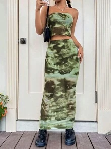 SHEIN EZwear 紮染抹胸上衣和半身裙 - 彩色 - 查看 3