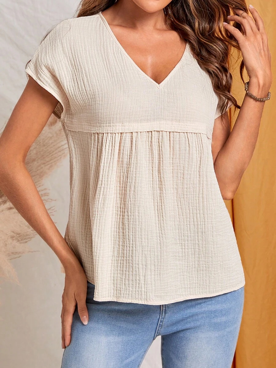 EMERY ROSE Solid V Neck Batwing Sleeve Smock Blouse - Apricot - View 1