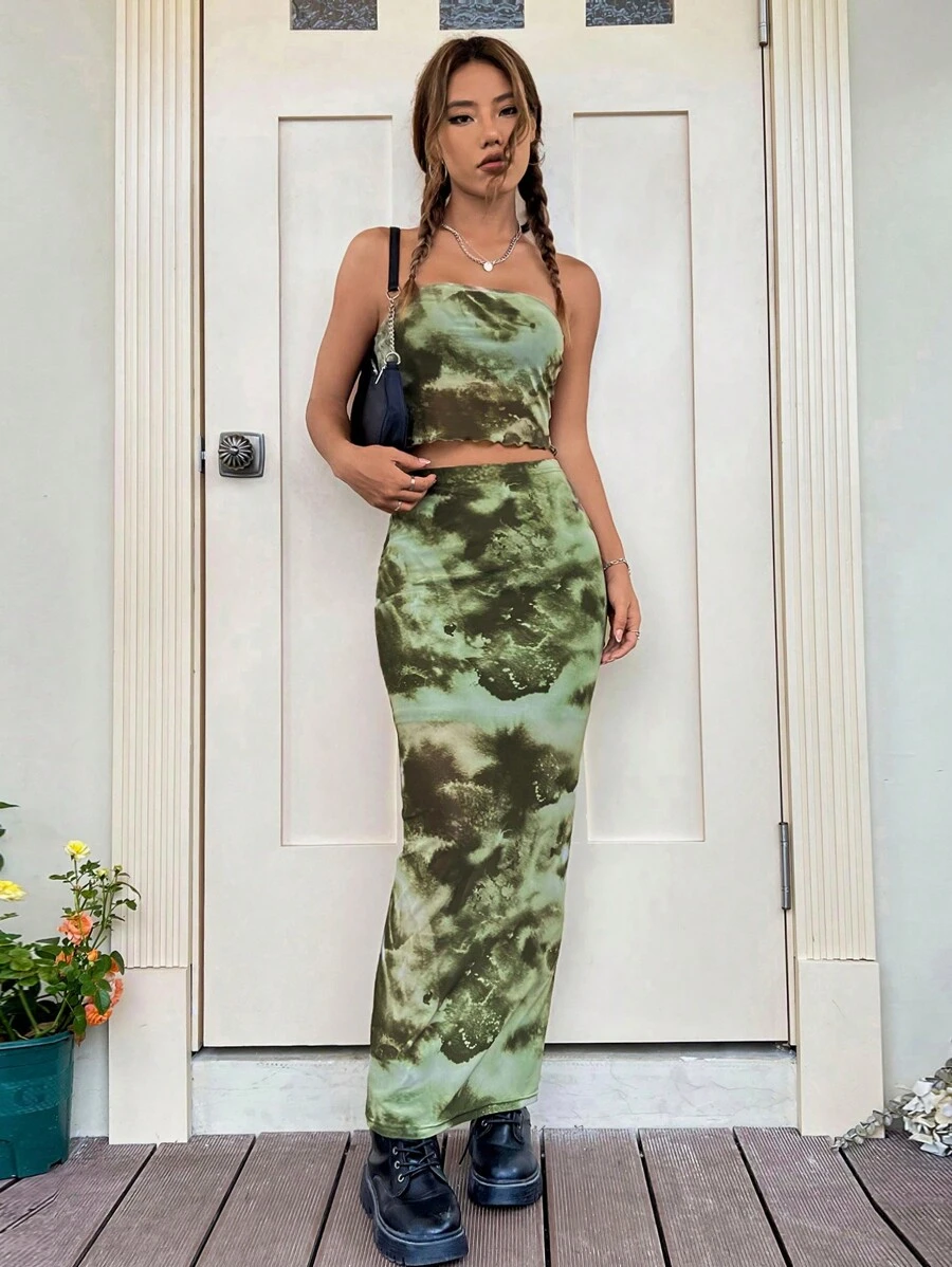 SHEIN EZwear 紮染抹胸上衣和半身裙 - 彩色 - 查看 1