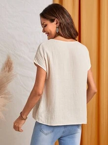 EMERY ROSE Solid V Neck Batwing Sleeve Smock Blouse - Apricot - View 3