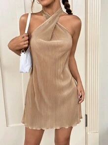 SHEIN EZwear Criss Cross Halter Neck Backless Lettuce Trim Dress - Khaki - View 3