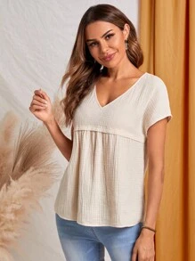 EMERY ROSE Solid V Neck Batwing Sleeve Smock Blouse - Apricot - View 4