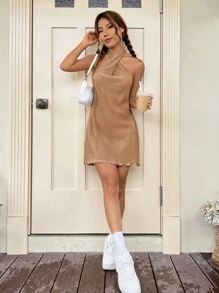 SHEIN EZwear Criss Cross Halter Neck Backless Lettuce Trim Dress - Khaki - View 4