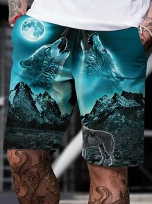Manfinity LEGND Hombres Shorts con estampado de lobo de cintura con cordón - Multicolor - Ver 1