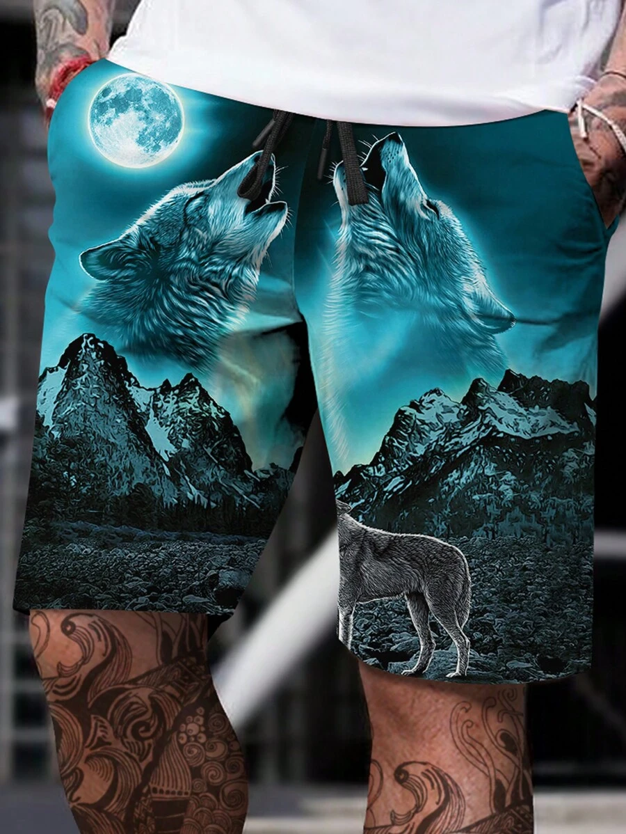 Manfinity LEGND Hombres Shorts con estampado de lobo de cintura con cordón - Multicolor - Ver 1