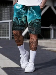 Manfinity LEGND Hombres Shorts con estampado de lobo de cintura con cordón - Multicolor - Ver 3