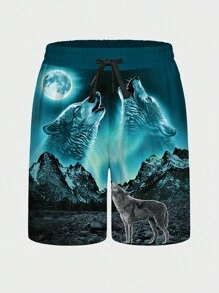 Manfinity LEGND Hombres Shorts con estampado de lobo de cintura con cordón - Multicolor - Ver 4
