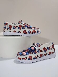 女士系帶設計美國旗圖案休閒鞋,運動戶外帆布一脚蹬 - 彩色 - 查看 4