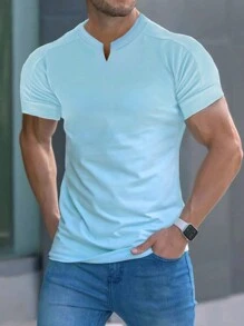 Manfinity Homme 男士棉素色缺口領T恤 - 淺藍色 - 查看 1