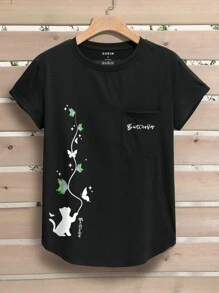 SHEIN Essnce Hoạt hình Bướm & Chữ cái Áo thun - màu đen - Xem 1