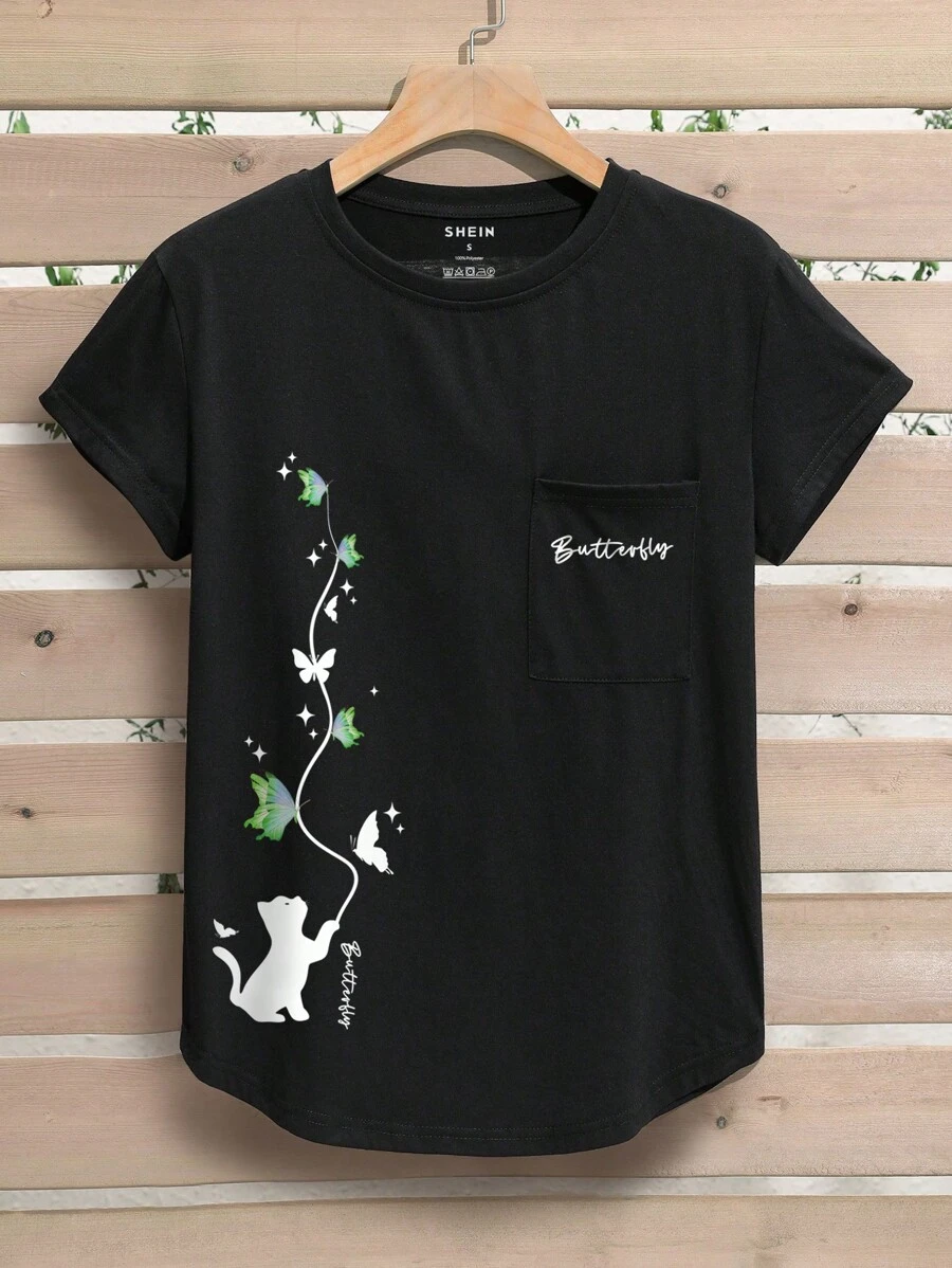 SHEIN Essnce Hoạt hình Bướm & Chữ cái Áo thun - màu đen - Xem 1