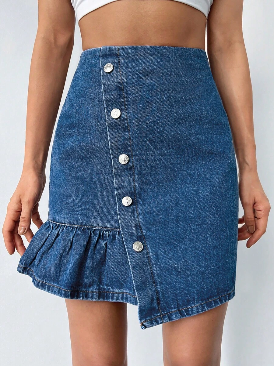 Cottnline 前紐扣荷葉邊牛仔半身裙 - 中等水洗藍 - 查看 1