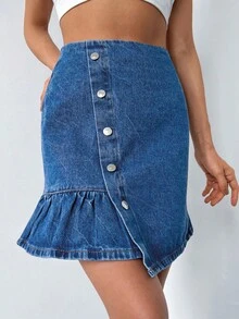 Cottnline 前紐扣荷葉邊牛仔半身裙 - 中等水洗藍 - 查看 3