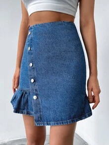 Cottnline 前紐扣荷葉邊牛仔半身裙 - 中等水洗藍 - 查看 4