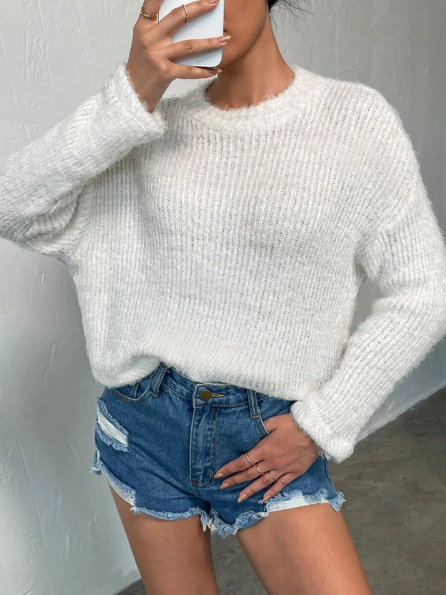 落肩袖絨毛針織套頭毛衣 - 白色 - 查看 1