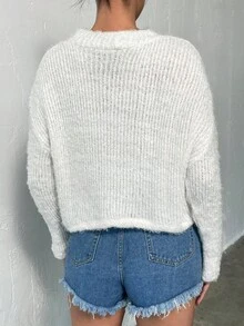 落肩袖絨毛針織套頭毛衣 - 白色 - 查看 2