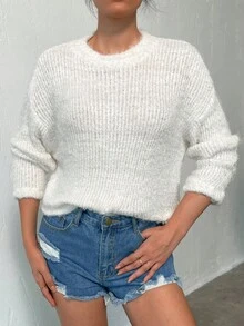 落肩袖絨毛針織套頭毛衣 - 白色 - 查看 4