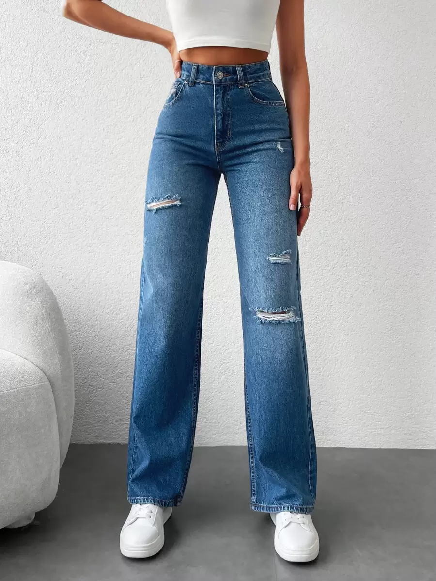 EURMUSE Casual Ripped Straight Leg Jeans - Medium Wash - View 1