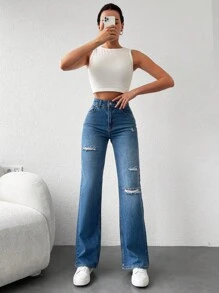EURMUSE Casual Ripped Straight Leg Jeans - Medium Wash - View 3