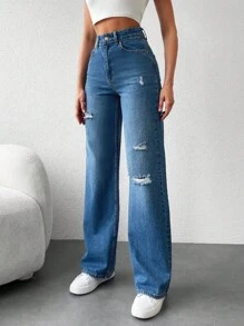 EURMUSE Casual Ripped Straight Leg Jeans - Medium Wash - View 5