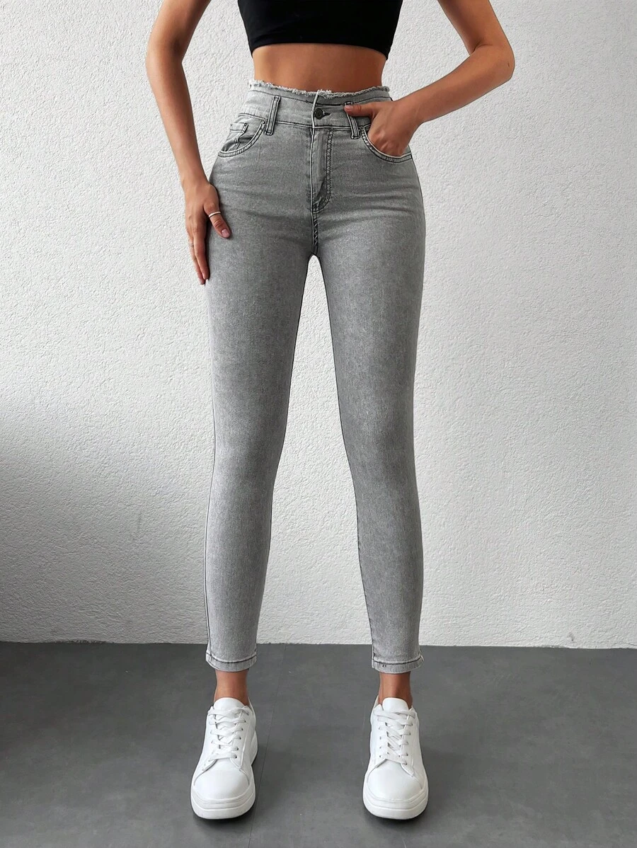 RueChic High Waist Skinny Jeans - Light Grey - View 1