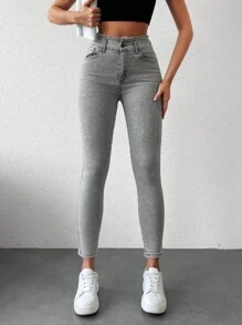 RueChic High Waist Skinny Jeans - Light Grey - View 3
