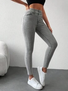 RueChic High Waist Skinny Jeans - Light Grey - View 5