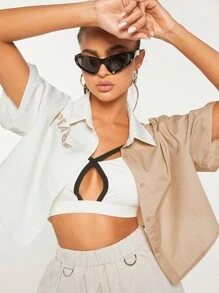 VARSITIE 雙色刺繡字母圖案落肩袖襯衫 - 彩色 - 查看 3