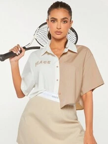 VARSITIE 雙色刺繡字母圖案落肩袖襯衫 - 彩色 - 查看 1