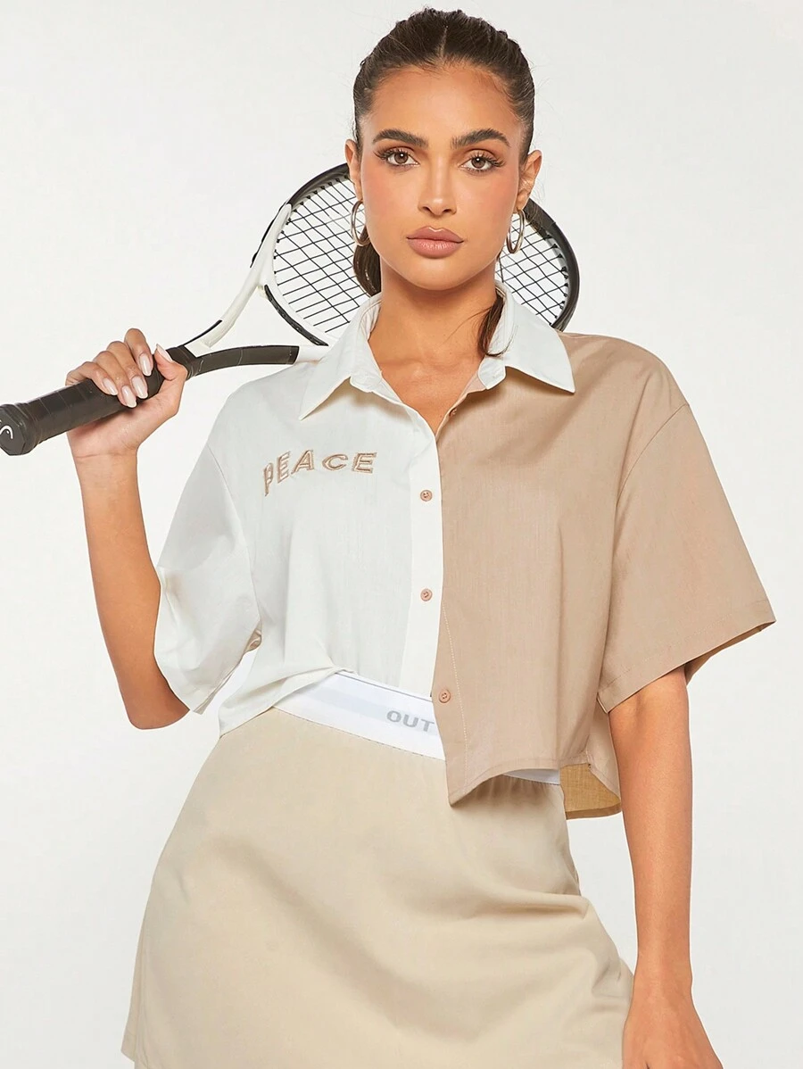 VARSITIE 雙色刺繡字母圖案落肩袖襯衫 - 彩色 - 查看 1