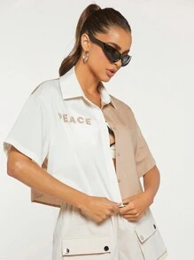 VARSITIE 雙色刺繡字母圖案落肩袖襯衫 - 彩色 - 查看 6