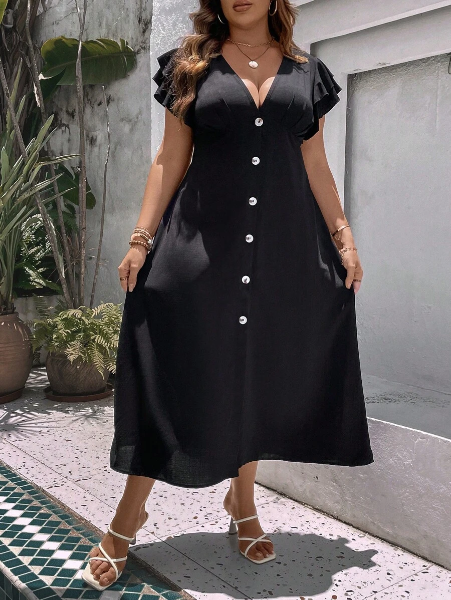 SHEIN LUNE Đầm Plus Size Nút phía trước màu trơn Giải trí - màu đen - Xem 1